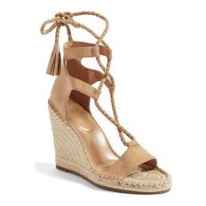 Joie Delilah tan suede lace up wedge espadrille sandal 39.5